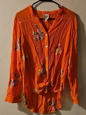 fig and flower Orange Embroidered Button-Down Blouse